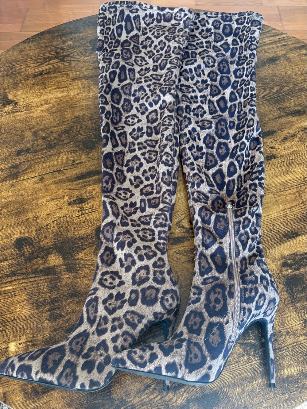 Fashion Nova Leopard-Print over the Knee-High Stiletto Boots - Taupe & Black